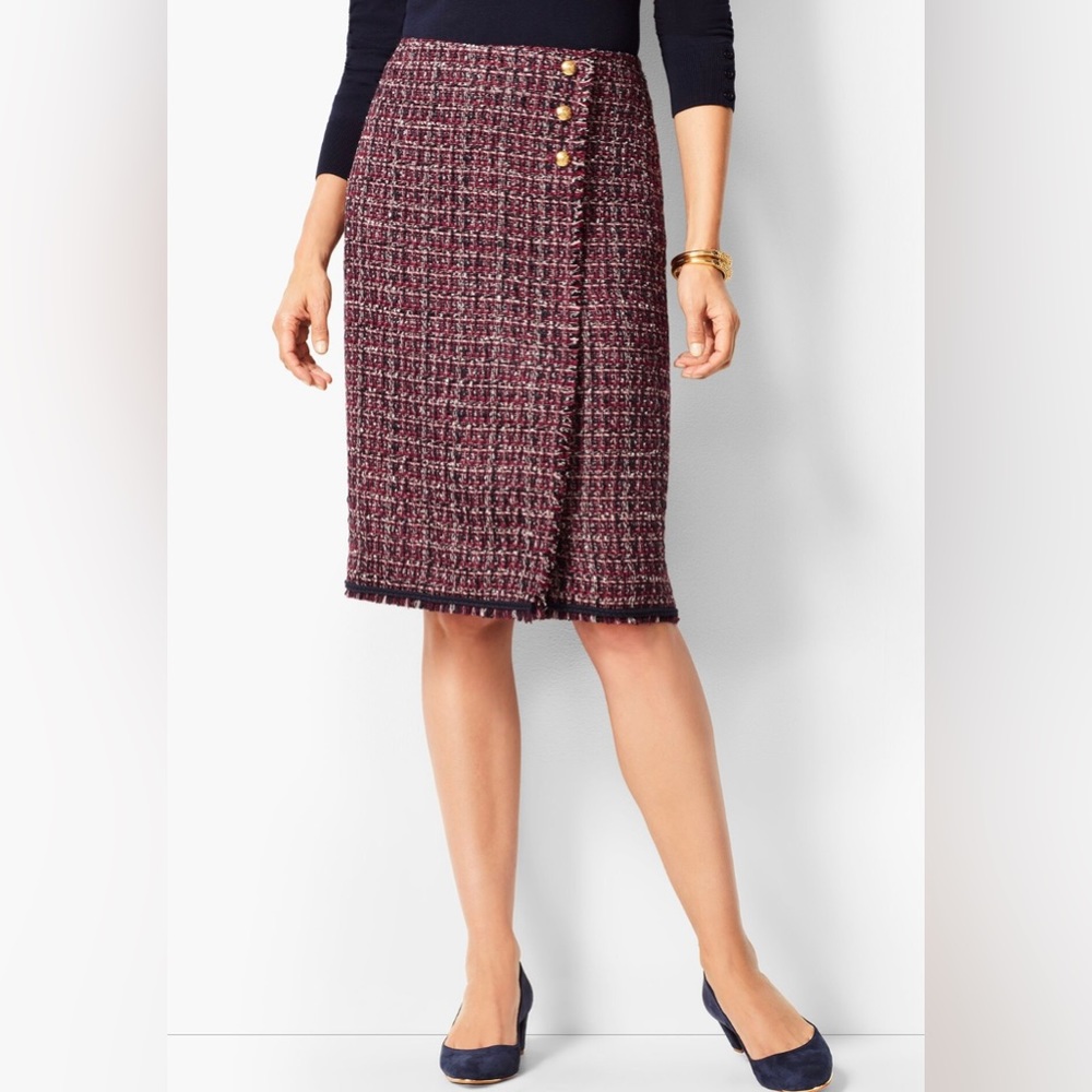 Talbots Plaid Tweed Pencil Skirt gold button
